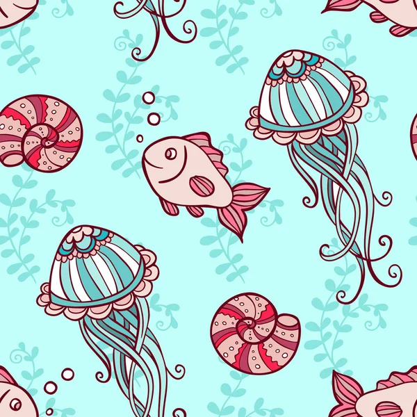 Seamless pattern with jellyfish and fish — Stock Vector