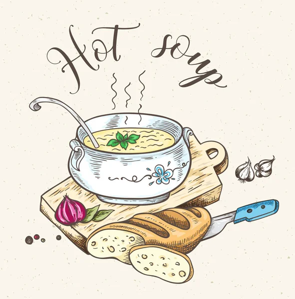 Sopa quente fresca e pão — Vetor de Stock