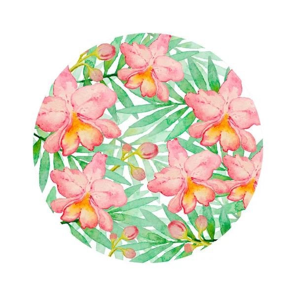 Květinové Pozadí Růžovou Akvarel Orchideje Zelenou Palmovou Ratolestí Ručně Tažené — Stock fotografie