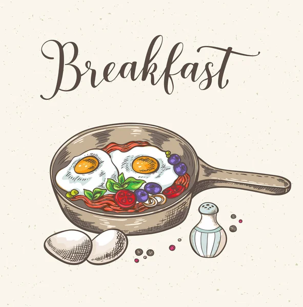 Latar Belakang Antik Dengan Telur Goreng Daging Dan Tomat Ilustrasi - Stok Vektor