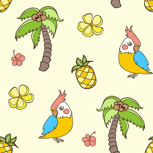 Doodle Tropical Seamless Pattern Palm Tree Parrot Vector Illustration — Stock Vector