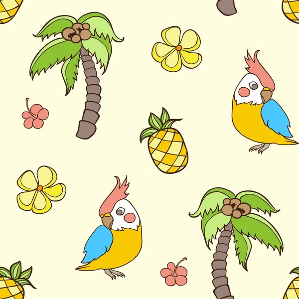 Doodle Motif Tropical Sans Couture Avec Palmier Perroquet Illustration Vectorielle — Image vectorielle