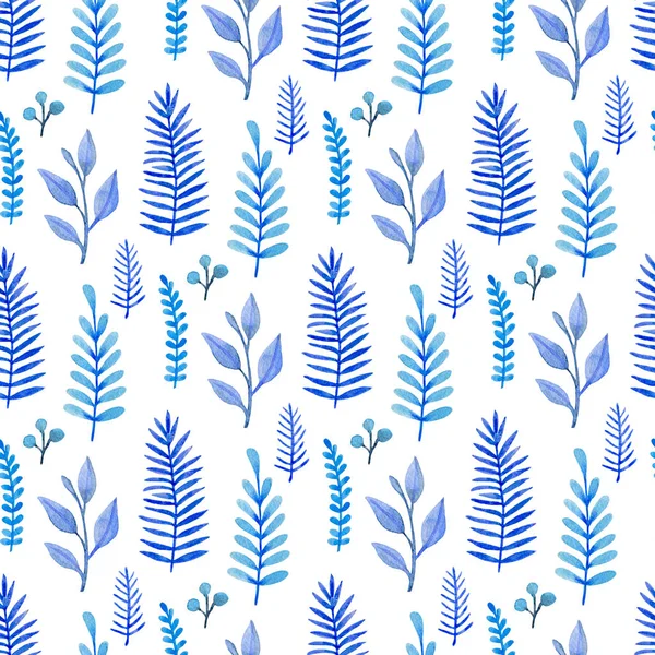 Watercolor floral seamless pattern with blue leaves — Stock Photo, Image