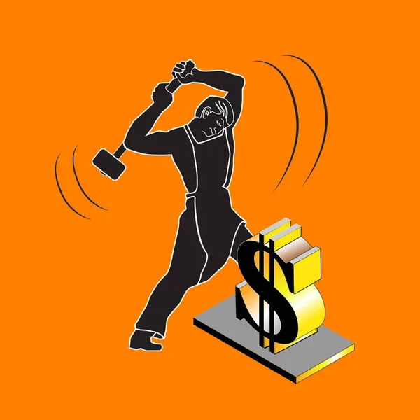 Martillo herrero golpeando el símbolo del dólar . — Vector de stock