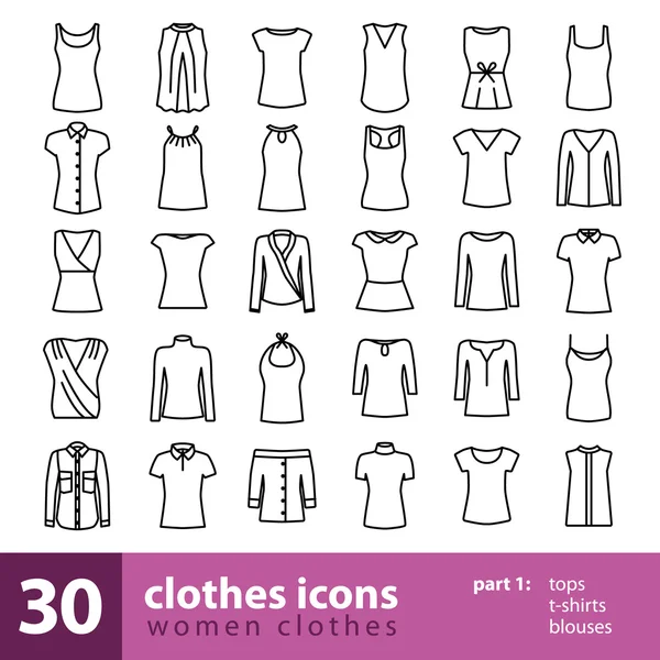 Kvinnor kläder ikoner - toppar, t-shirts, blusar — Stock vektor