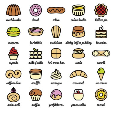 Dünya en iyi tatlılar ve tatlılar kalın çizgi Icon set
