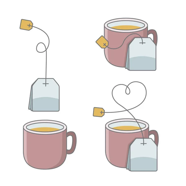 Set of cup of tea with bag — Stock Vector