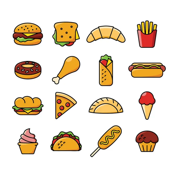 Sedici icone fast food — Vettoriale Stock