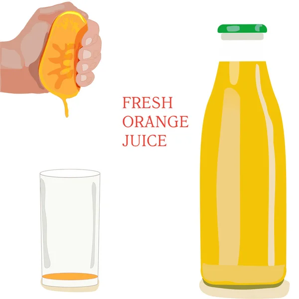Vektor-Flasche Orangensaft mit leerem Glas und Handpressung einer Orange — Stockvektor