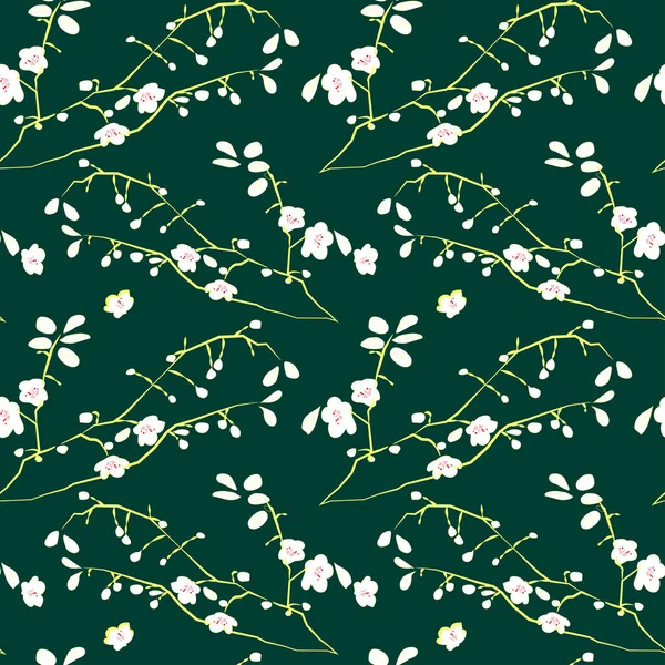Nahtloser Dunkelgrüner Hintergrund Mit Weißen Blumen — Stockvektor