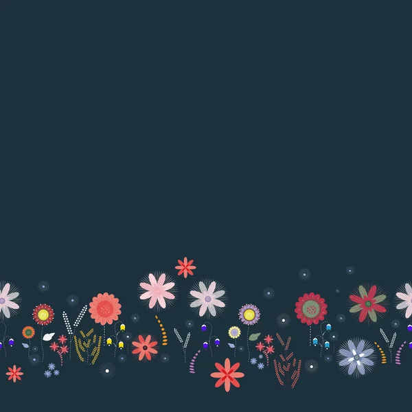Sömlös Gränsen Med Blommor Blå Bakgrund — Stock vektor