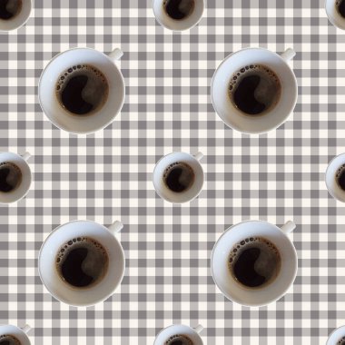 Vector pürüzsüz desen, üst veiw fincan kahve ile Vichy masa örtüsü üzerinde