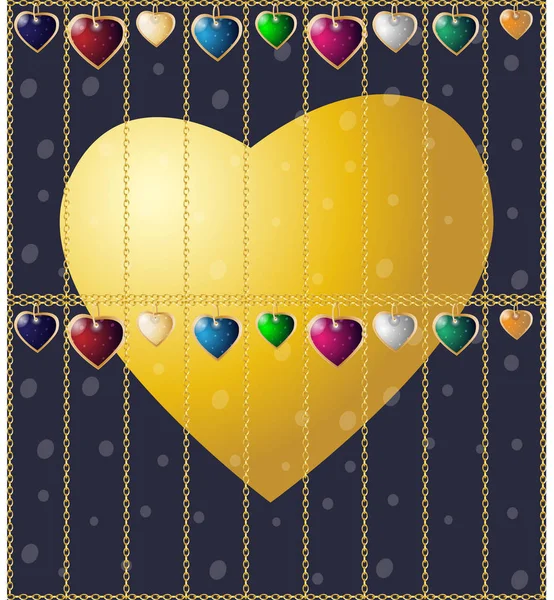 Gouden harten op een donkere achtergrond. Vector naadloze textuur voor Valentijnsdag. Gouden ketting hek. Gouden kooi — Stockvector