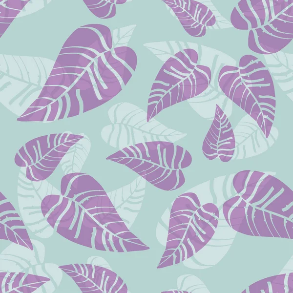 Blaue und violette tropische Blätter mit nahtlosem Muster. Verpackungspapier, Textildruck. — Stockvektor