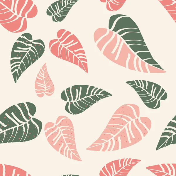 Verde y rosa hojas tropicales blanco patrón sin costura. Papel de envolver, textura de impresión de tela . — Vector de stock