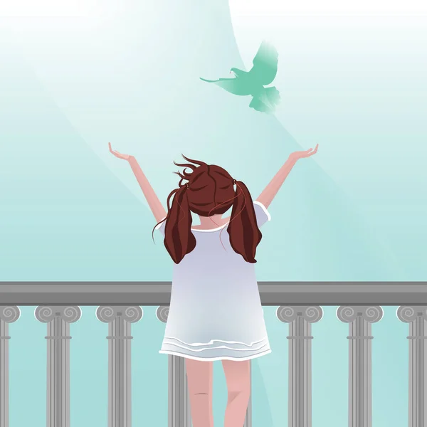 Een klein meisje strekt haar handen uit naar de hemel. Vrede en vrijheid. Droom van vrijheid — Stockvector