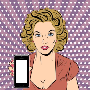 Seksi kadın ve telefonlu vektör pop sanat çizimi. EPS 10