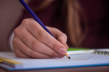 Küçük küçük sarışın kız mor kalemle not defterinde notlar almak