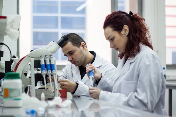 Modern scientist working with pipette in biotechnology laborator — Stock Photo, Image