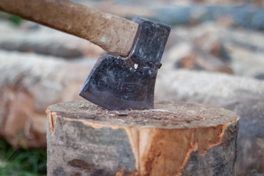 Stump, kesim ağaçların, odun, c için hazırlık içinde pinned balta