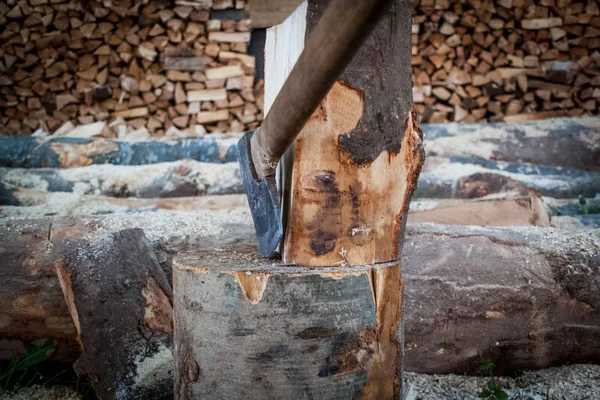 AX vastgemaakt in de stronk, bezuinigingen van bomen, brandhout, voorbereiden van c — Stockfoto
