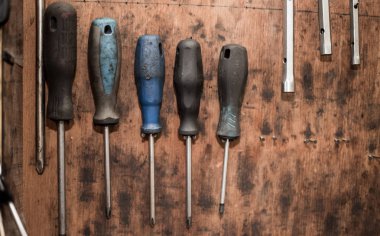 Mekanik, duvarda karmaşık araç, tornavida gibi, özel c