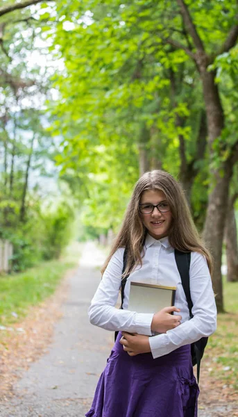 Bella bionda bambina studentessa ritratto allegro felice — Foto Stock