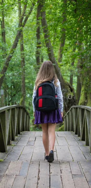 Bella bella ragazza della scuola bionda bambino da dietro con la s bianca — Foto Stock