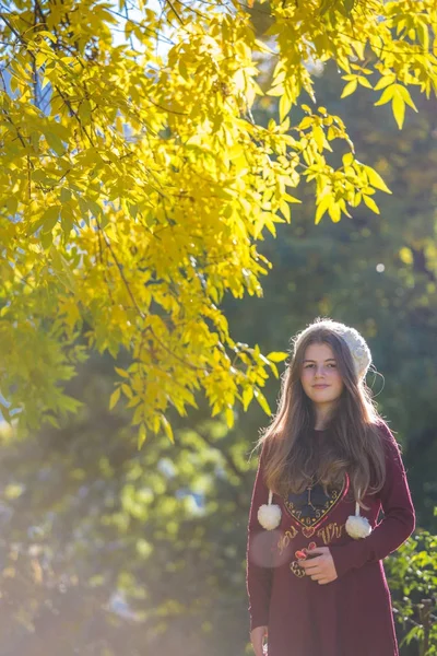 Giovane ragazza bionda gode di una giornata di sole in autunno, giallo dorato fo — Foto Stock