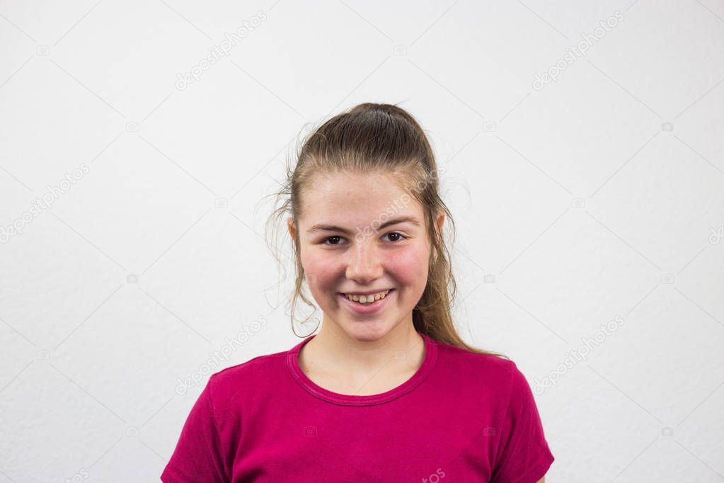Teenager with a smile, white background, facial expressions, happiness, joy