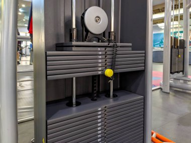 Kollar, bacaklar, vücut geliştirme kasları, kol ve göğüs kasları için vücut ağırlıkları ve dambıllar. Her gün antrenman için modern spor salonu.