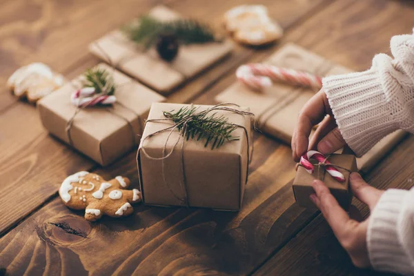 Woman Wrapping Beautiful Vintage Christmas Presents Wooden Background — Stock Photo, Image