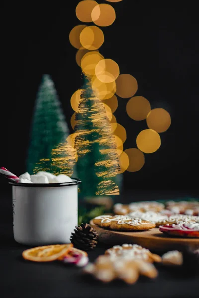 Christmas Cookies Wooden Table Cup Hot Chocolate — Stock Photo, Image