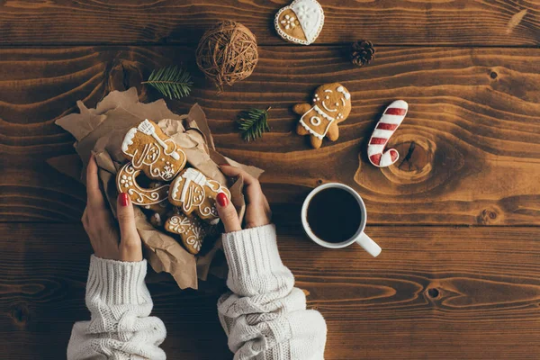 Woman Cup Cofee Cookies Top View — Stock Photo, Image