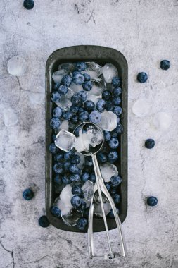 Meyve suyu, olgun ve taze böğürtlen ve buz küpleri manzarasını kapatın. 