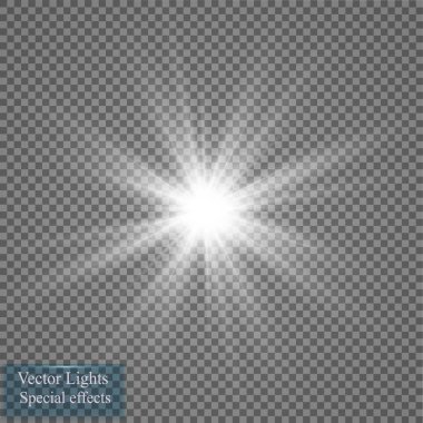 Parlama ışık efekti. Yıldız patlaması ile parıldıyor. Vektör çizim. Güneş