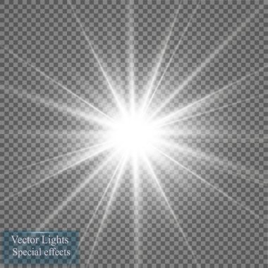 Parlama ışık efekti. Yıldız patlaması ile parıldıyor. Vektör çizim. Güneş