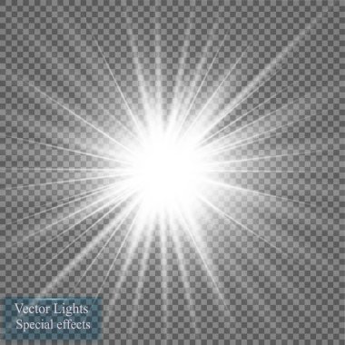 Parlak ışık efekti. Şeffaf arkaplanda parıldayan yıldız patlaması. Vektör illüstrasyonu.