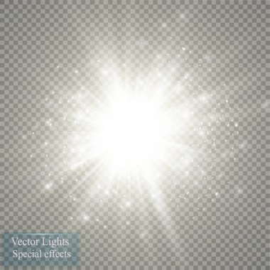 Parlak ışık efekti. Şeffaf arkaplanda parıldayan yıldız patlaması. Vektör illüstrasyonu.