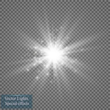 Parlak ışık efekti. Şeffaf arkaplanda parıldayan yıldız patlaması. Vektör illüstrasyonu.