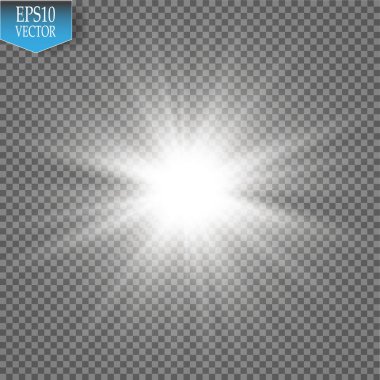 Parlak ışık efekti. Şeffaf arkaplanda parıldayan yıldız patlaması. Vektör illüstrasyonu.