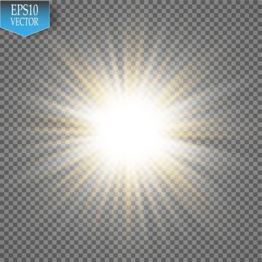 Parlak ışık efekti. Şeffaf arkaplanda parıldayan yıldız patlaması. Vektör illüstrasyonu.