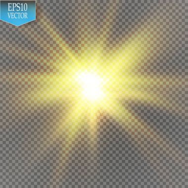 Parlak ışık efekti. Şeffaf arkaplanda parıldayan yıldız patlaması. Vektör illüstrasyonu.