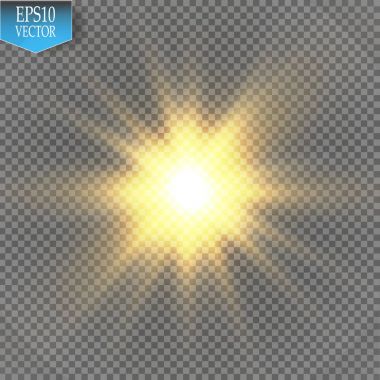 Parlak ışık efekti. Şeffaf arkaplanda parıldayan yıldız patlaması. Vektör illüstrasyonu.