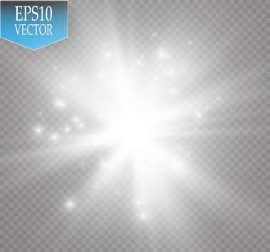 Parlak ışık efekti. Şeffaf arkaplanda parıldayan yıldız patlaması. Vektör illüstrasyonu.