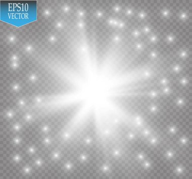 Parlak ışık efekti. Şeffaf arkaplanda parıldayan yıldız patlaması. Vektör illüstrasyonu.