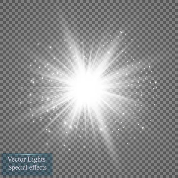 Efeito de luz brilhante. Starburst com brilhos em fundo transparente. Ilustração vetorial . — Vetor de Stock