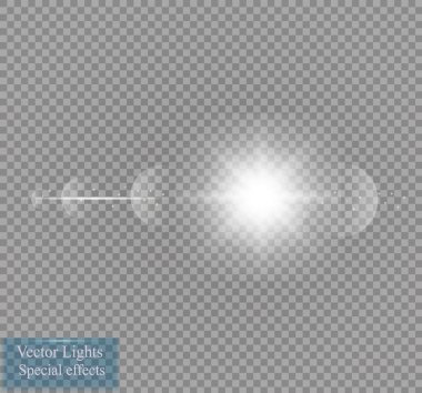Vektör şeffaf güneş ışığı özel lens ışık efekti. Güneş ışığı ve spot ışıklarıyla parlıyor