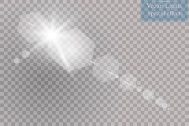 Vektör şeffaf güneş ışığı özel lens ışık efekti. Güneş ışığı ve spot ışıklarıyla parlıyor