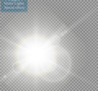 Vektör şeffaf güneş ışığı özel lens ışık efekti. Güneş ışığı ve spot ışıklarıyla parlıyor
